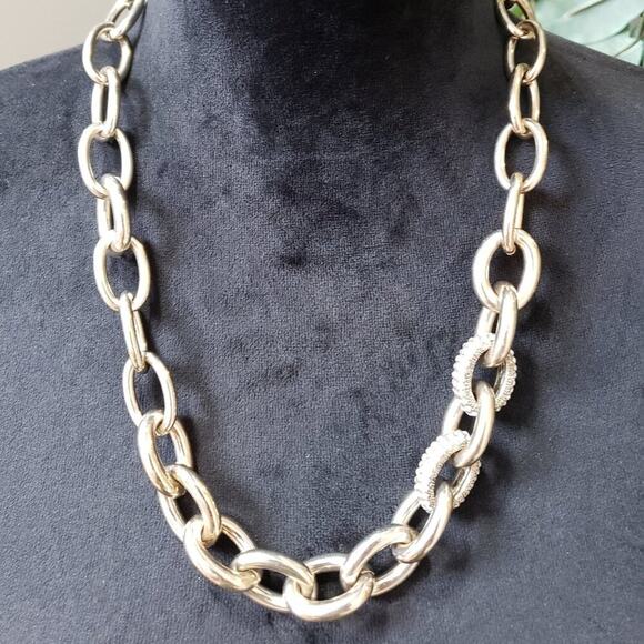 Loft Women Fashion Silver Tone Pave Rhinestone Bold Link Necklace w/ Lobster - Picture 2 of 8